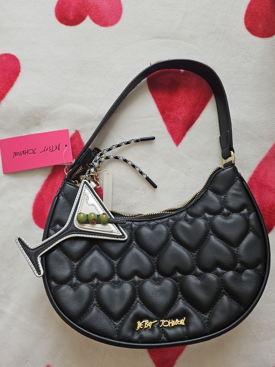 Betsey Johnson Handbags - Betsey Johnson Black Quilted Heart Hobo Bag with Martini Charm